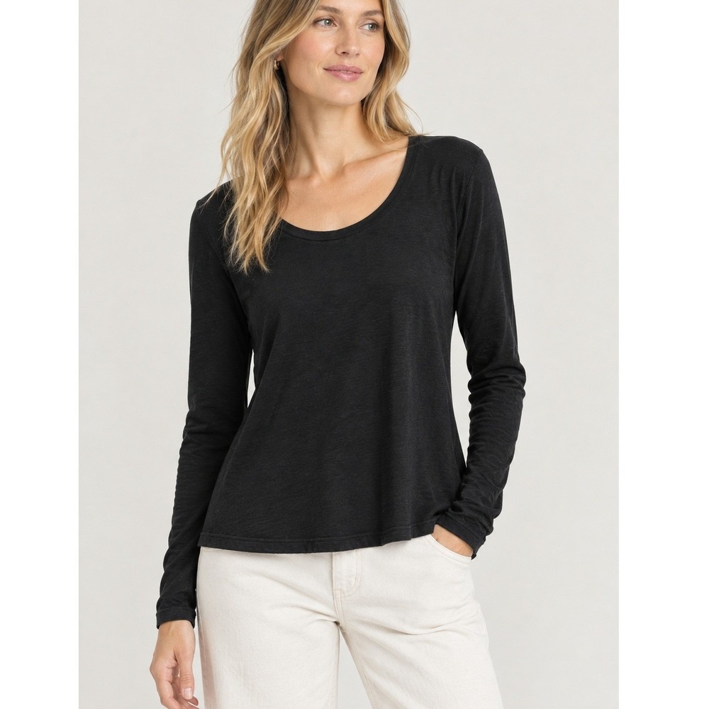 Eileen Fisher Top Women Medium Black Scoop Neck Long Sleeve Rayon Lycra Basic